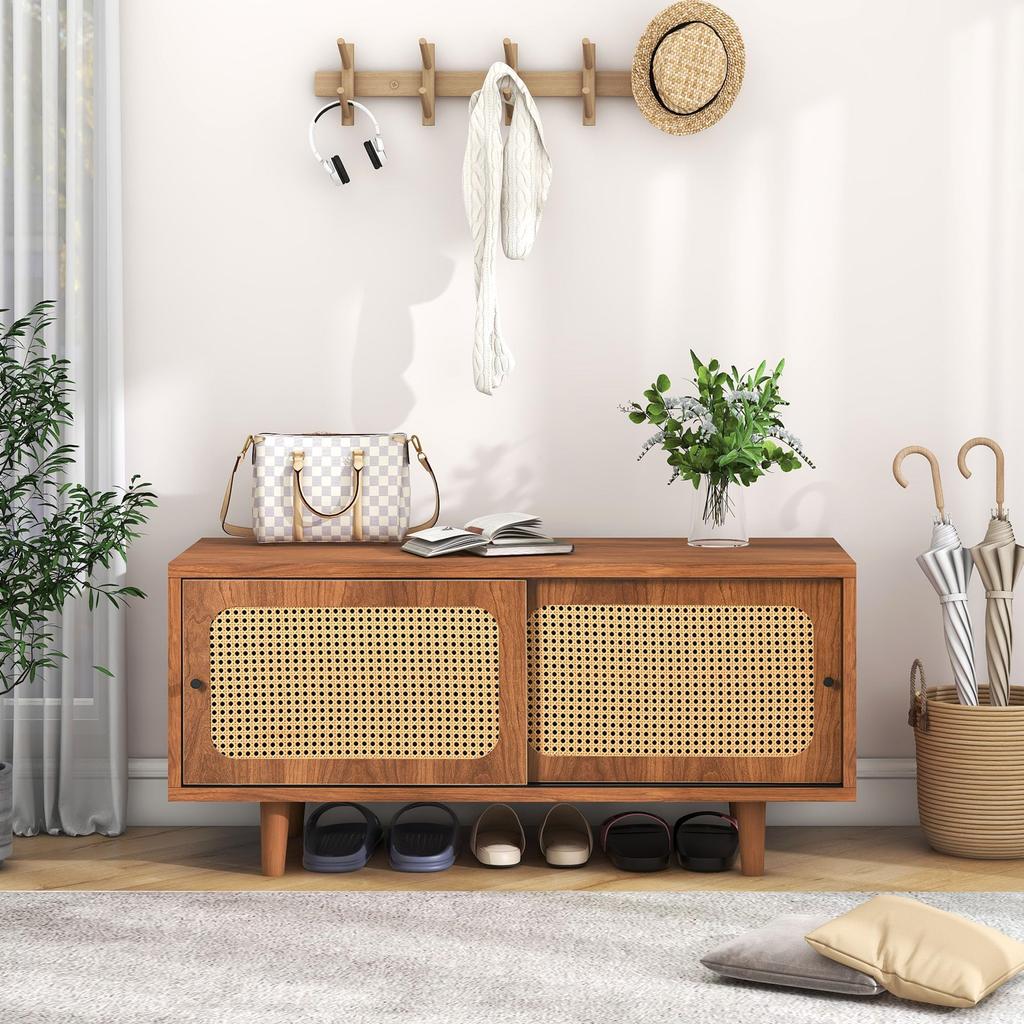 Шкаф для обуви 2 двери, регулируемая полка, полка для обуви, прихожая, коридор, гостиная, спальня, деревянная мебель, стиль кантри, 104 x 40 x 48 см, орех