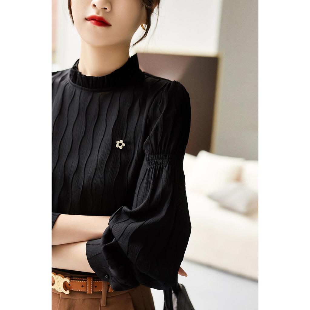 Весна и Осень Волнистый Узор Текстура Чувство Дизайна Деревянное Ухо Маленький Воротник-стойка Рубашка Французский Пуловер Маленькая Рубашка Женская