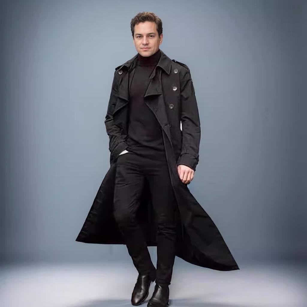 Men's Long Black Trench Coat, Slim Fit Double-Breasted Overcoat with Belt, Casual Business Outerwear