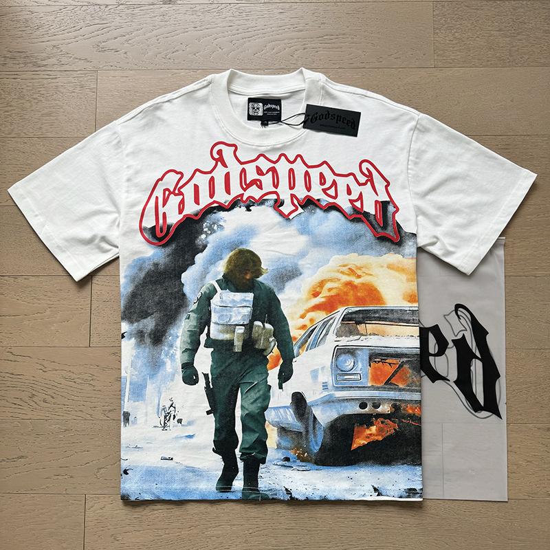 New Meichao Godspeed Skull Rock Band Crew Neck Wash Black Short Sleeve T-Shirt Couple Same Style