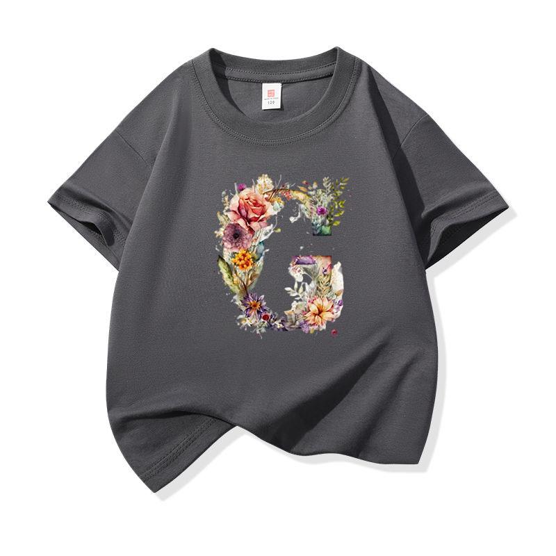Kids Cotton T Shirt Floral Letter G Print Crew Neck Short Sleeve Tee Casual Boys Girls Summer Tops