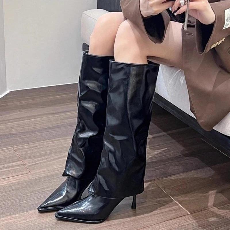 Модные женские ботинки челси с острым носком, туфли на среднем каблуке до колена, зимняя дизайнерская обувь 2024 года, новинка, туфли-лодочки, сексуальный тренд, Mujer Zapatos