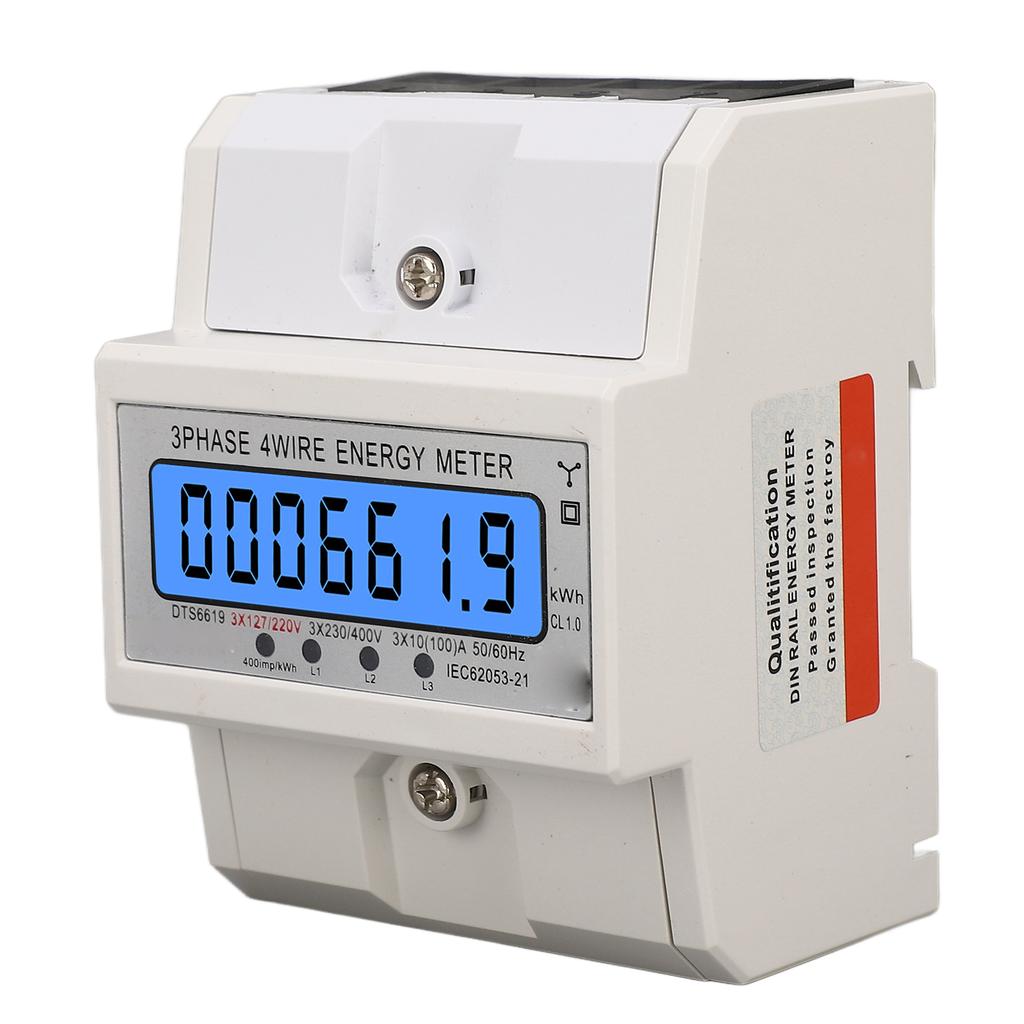 Digital Energy Meter 3 Phase 4 Wire KWh Electricity Wattmeter DIN Rail Backlight LCD Display 3x127 220VAC 10‑100A