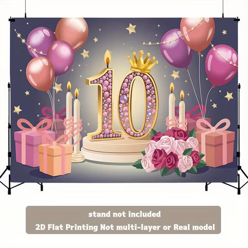 2D Pink Gold 10th Birthday Backdrop with Candles, Roses & Gift Boxes Party Banner