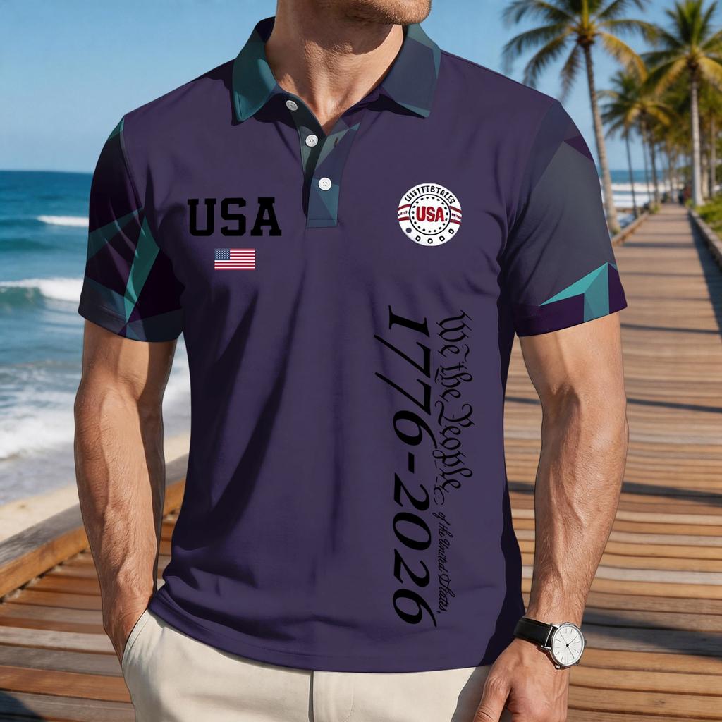 Мужская свободная футболка-поло с коротким рукавом и принтом флага, повседневная, с цифровым узором, с отложным воротником, для повседневной носки