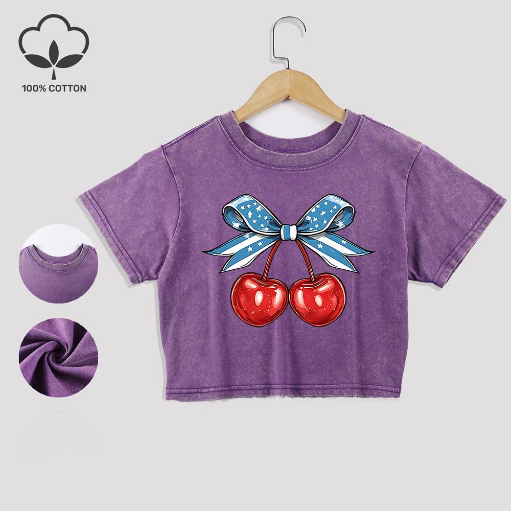 Футболки из хлопка с принтом в виде вишни и банта-флага, модные летние кроп-топы с кружевной отделкой, обычного кроя, с круглым вырезом, повседневная одежда