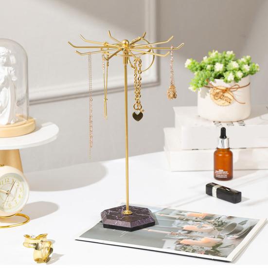 360-Degree Rotating Necklace Holder Organizer with Hooks Stable Base Tangle-Free Multipurpose Necklace