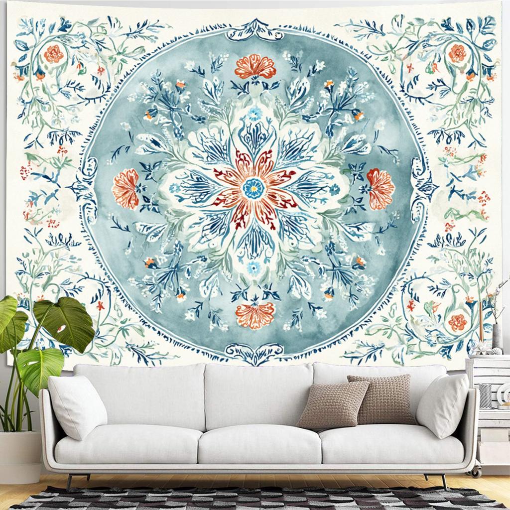 This Exquisite Blue And White Floral Tapestry Features a Bohemian Mandala Design, Perfect for Decorating Living Rooms, Game Room