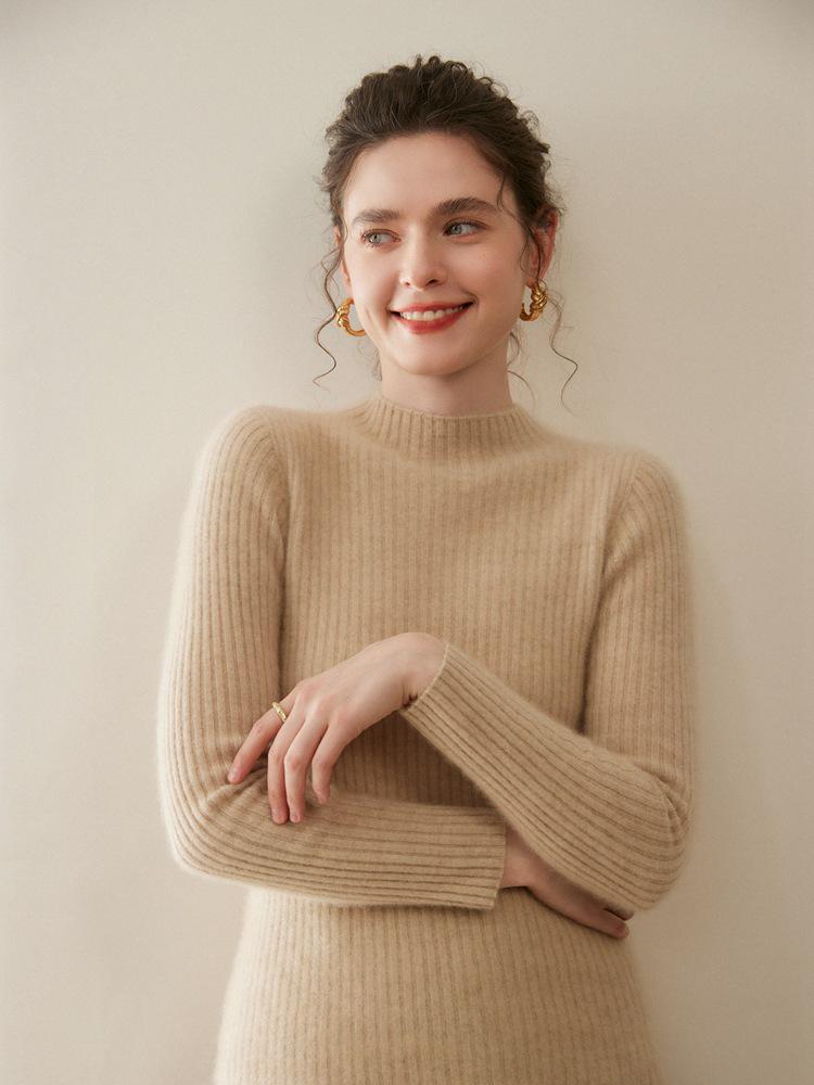 Women's Cashmere Half-Turtleneck Slim Pullover - Warm, Ribbed, and Perfect for Layering