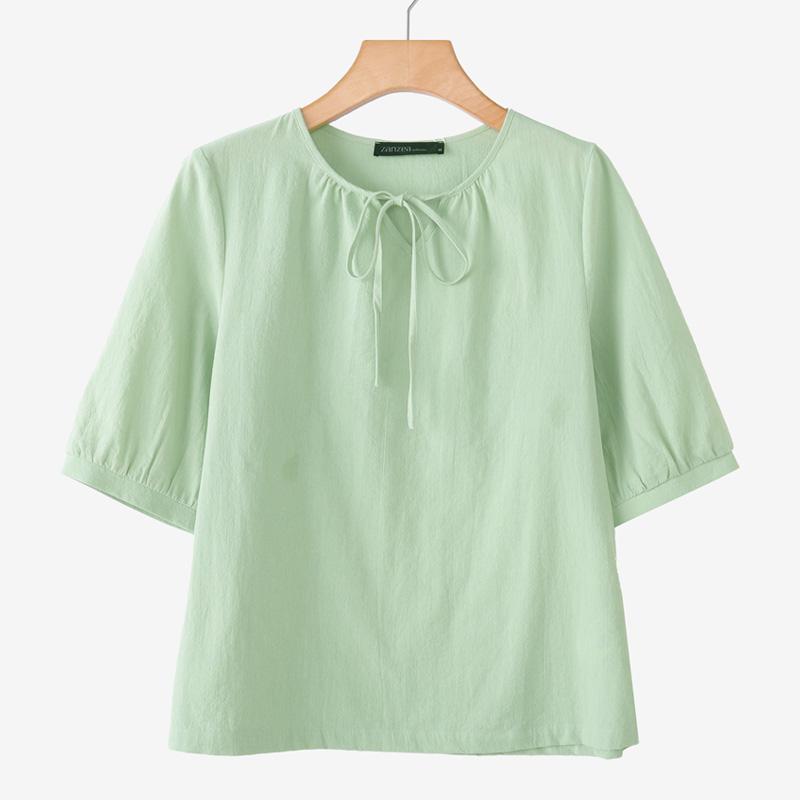 ZANZEA Women Casual Round Neck Loose Short Sleeve Cotton Blouse