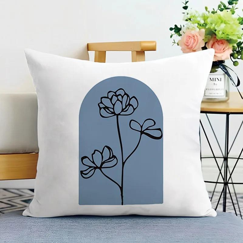 Nordic Blue White Floral Cushion Cover 2D Flat Printed Peach Skin Pillowcase Modern Minimalist Throw Pillow Case For Sofa Decor