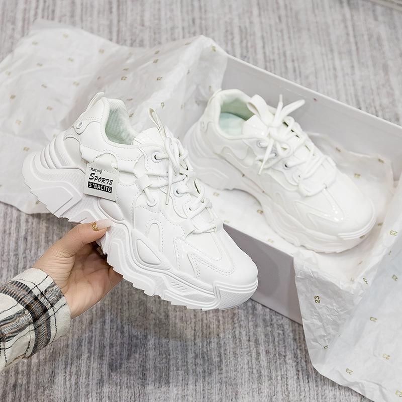 New Women's Shoes Platform Autumn Leather 2024 Versatile Black Casual Sneaker Solid Color Lace-up Vulcanize Shoes Tenis Feminino