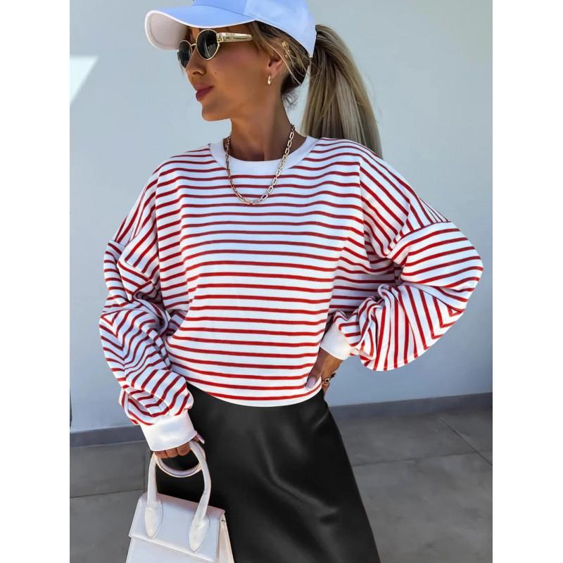 Womens Striped Oversized Round Neck Hooded Sweatshirt Long Sleeve Casual Loose Fit Top 2025
