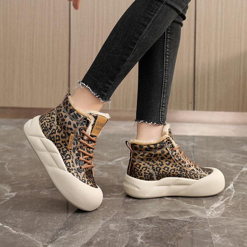 TUINANLE Winter Plush Casual Platform Shoes Woman Sneakers Slip On Shoes Women Flock Leopard Print Chunky Sneakers