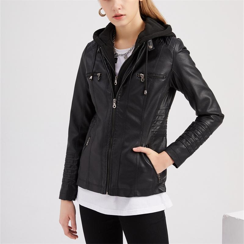 XS-7XL, весенне-осенняя куртка из искусственной кожи, женские куртки с капюшоном, черная тонкая мотоциклетная куртка, женская шляпа, съемные пальто, женские