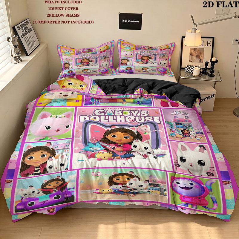 Gabby'S Dollhouse Pattern Bedding Quilt Set Quilt Cover Pillowcase Home Birthday Gift(1 * duvet cover + 2 * pillowcase, without core)