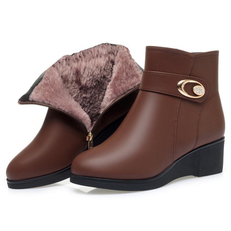 Мягкая кожа Женские туфли с круглым носком на молнии Противоскользящие Хлопковые туфли Мама Зима Шерстяной мех Клинья Толстая подошва Теплые Снежные ботинки