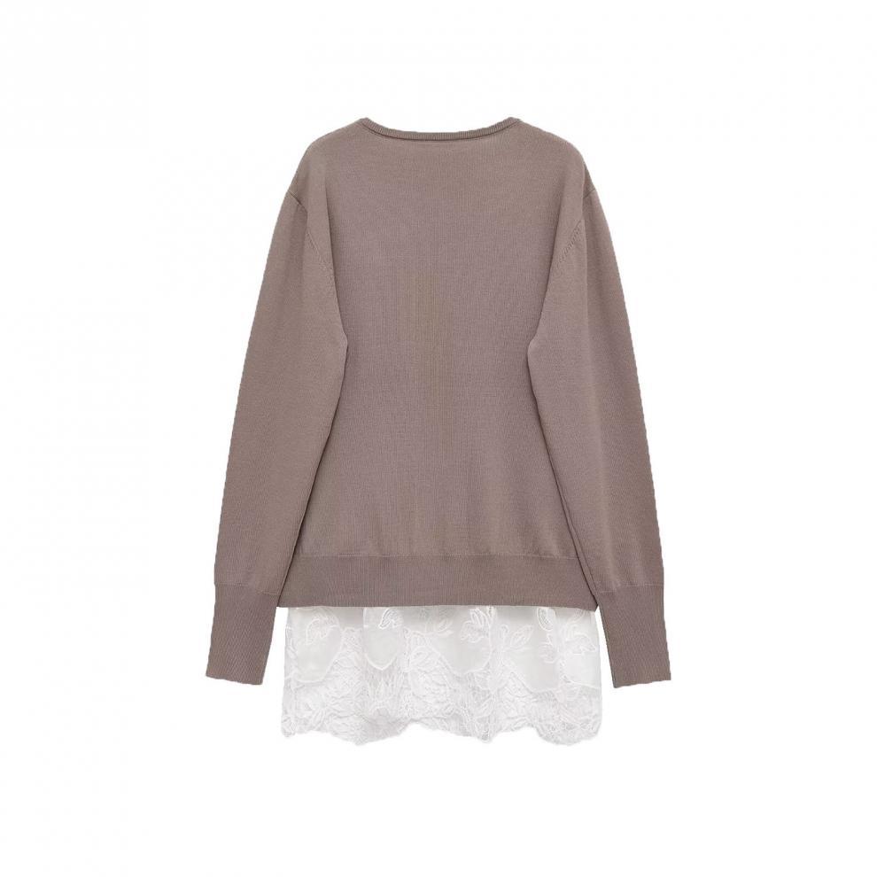 European and American style, new women's clothing, fashionable, versatile cross-border loose splicing V-neck lace knitted sweater