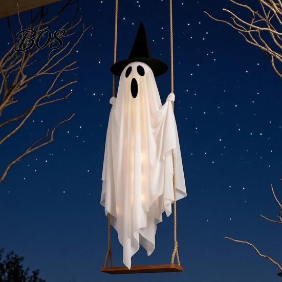 Weighted Fabric Flying Ghost Luminous Halloween Hanging Swing with Witch Hat, Remote-controlled Adjustable Animated Yard Figures Brightness, Ornament