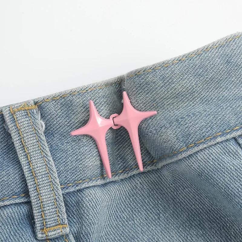 1Pair Cross Star Waist Buckle Adjustable Detachable Pants Clips Waist Tightener Nail-free Metal Button Snaps for Jeans Decor