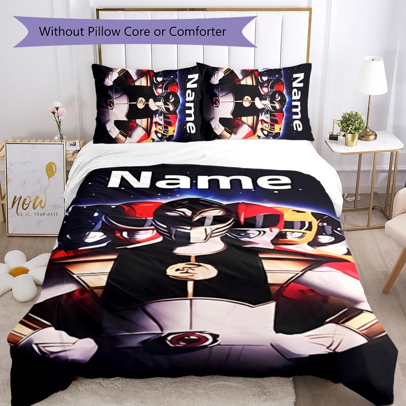 3pcs Custom Name Cartoon Mighty Morphin Power Rangers Bedding Set Duvet Cover Closure Includes 1 Duvet Cover & 2 Pillowcases for All Seasons Bedroom D