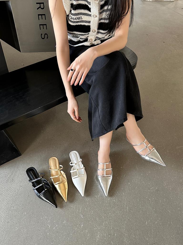 Мода Модные женские тапочки с острым носком Летние уличные туфли-мюли Тонкие туфли на среднем каблуке Черные, белые, серебристые, золотые сандалии Офисные туфли-лодочки