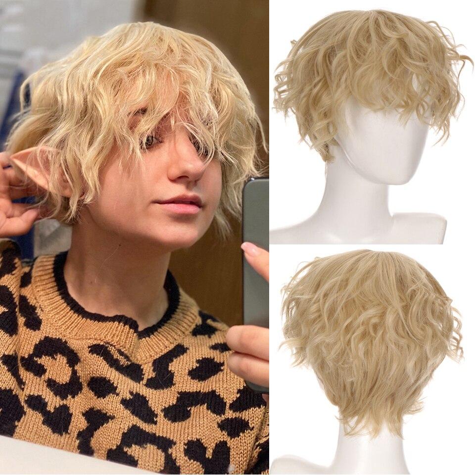 Synthetic Short Hair Men's Curly Wig With Bangs Cosplay Boys Wigs For Daily Party Black Pink Anime High Temperature Hair