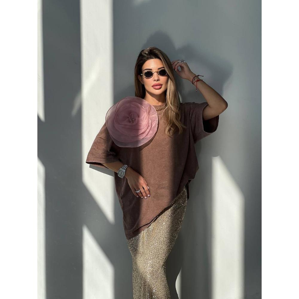 Hirsionsan 2025 Кислотно-стираемая винтажная футболка уличная эстетическая шикарная футболка с цветком женская повседневная хлопковая футболка с коротким рукавом Y2k