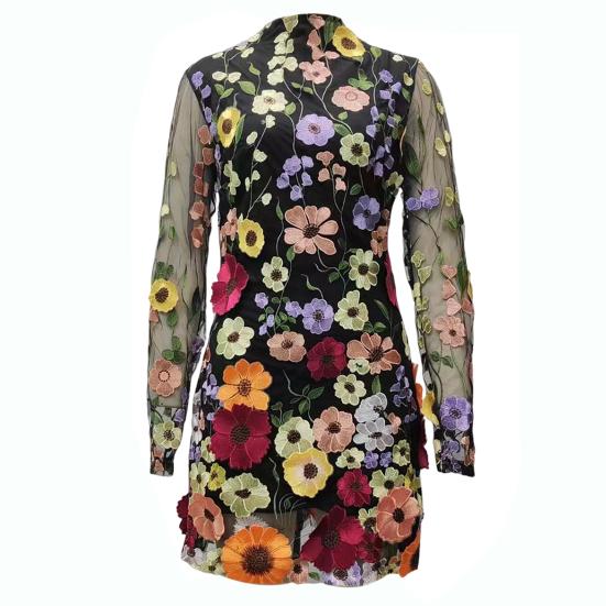 Весеннее женское платье с красочной цветочной вышивкой, кружевное прозрачное сетчатое платье с длинными рукавами, облегающее платье-футляр