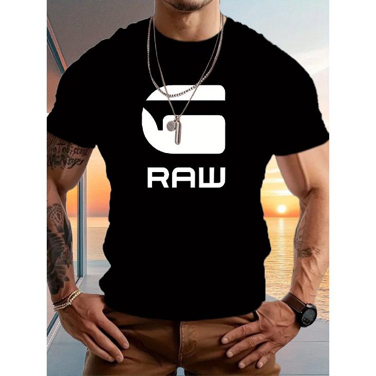 Men's Black & White RAW Graphic T-Shirt - Summer Short Sleeve Tee with Chest Print, Stretch Fabric, Breathable Round Neck Casual Streetwear Top,