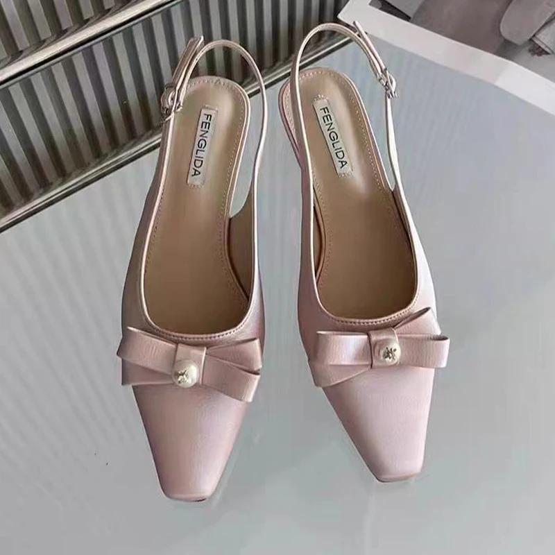 Bow Women's Sandals Pointed Toe Shallow Elegant Heels Shoes 2025 Slippers Summer Fashion New Flip Flops Dress Sandalias De Mujer