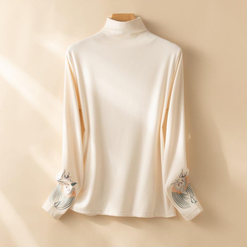 Осенне-зимняя женская трикотажная рубашка с полувысоким воротом, длинные рукава, вышитые в деревенском стиле, мягкие липкие топы