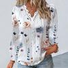 Top V Neck Lace Patchwork Flower Print Long Sleeve Loose Soft Colorfast