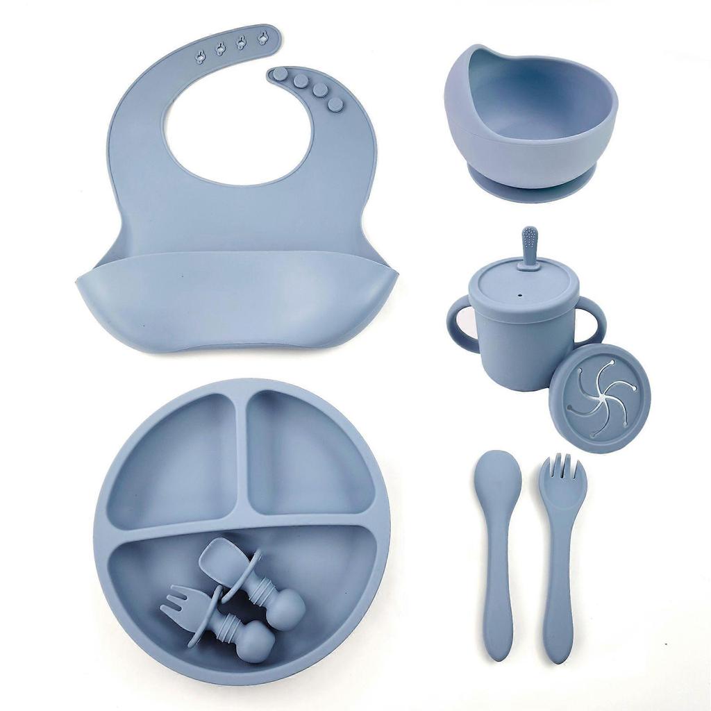 Silicone Baby Feeding 8-piece Food Supplement Bowl with Suction Cup, Dinner Plate, Bib, Fork Spoon, Snack Cup