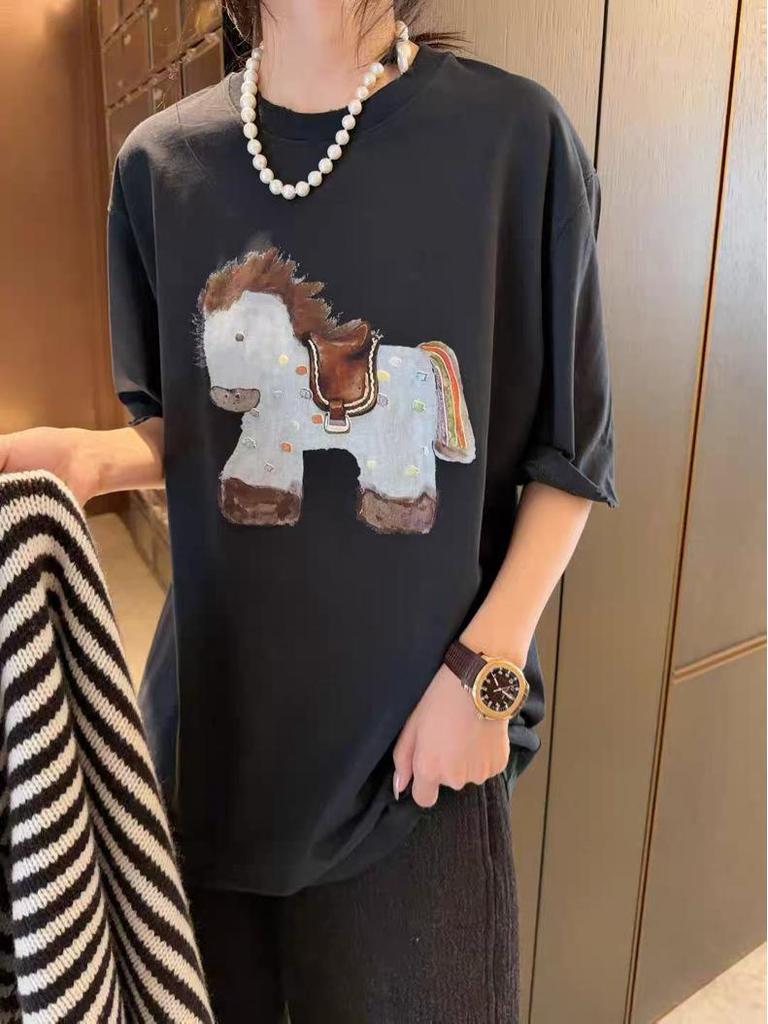 Мультяшная футболка с радужным пони, круглый вырез - Омолаживающая, Универсальная, Короткий рукав, Повседневная