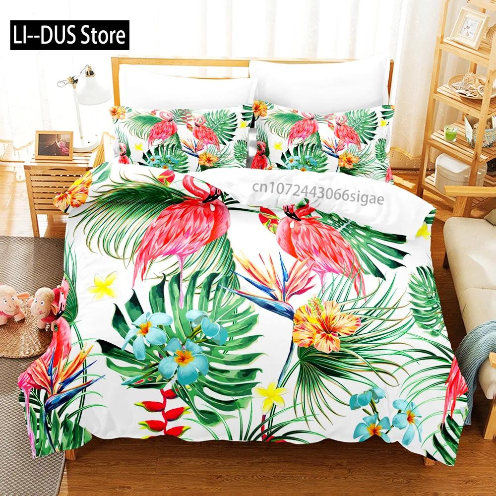 Pink Flamingo Duvet Cover Green Leaves Floral Animal Print Bedding Set For Kids Girls Tropical Pattern Design Bedroom Decor