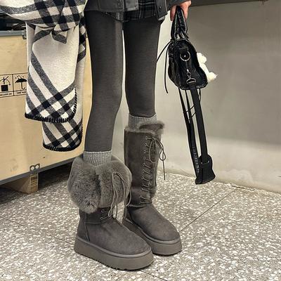 Юэю взрывоопасные толстоподошвенные серые зимние сапоги женские 2025 зимние новые длинные велюровые утепленные высокие сапоги хлопковая обувь