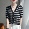 Женский летний вязаный кардиган с V-образным вырезом, свободный, контрастный, в полоску, с коротким рукавом, модная повседневная куртка-топ