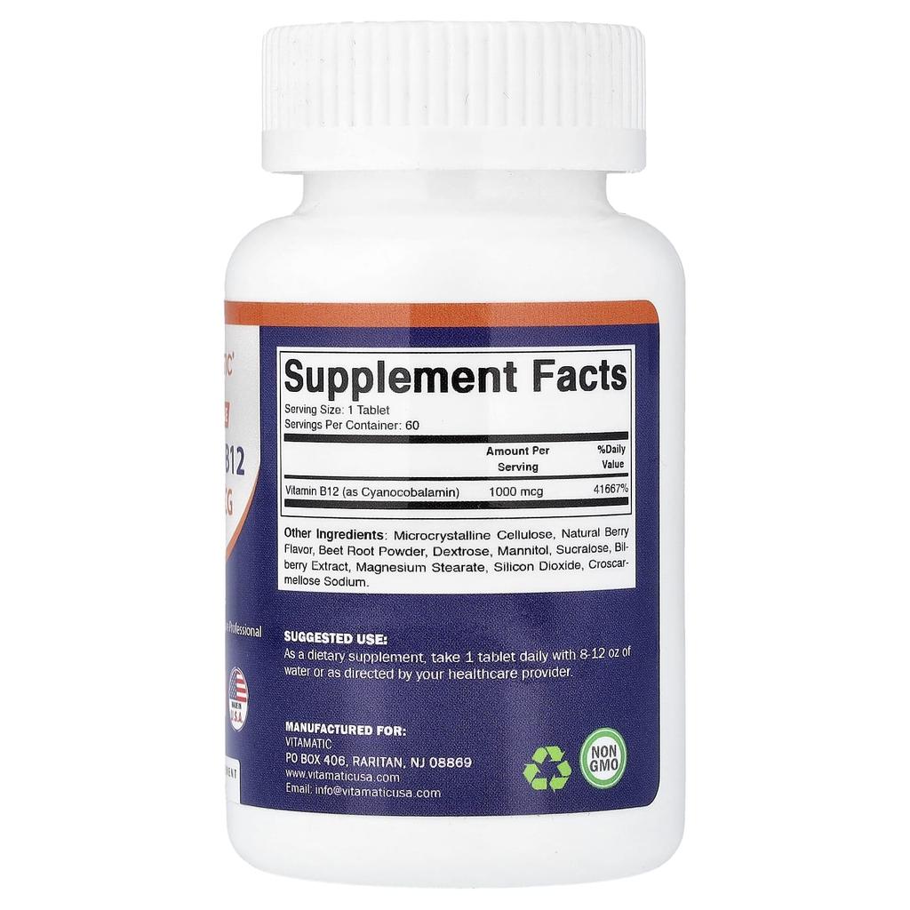 Vitamatic, Vitamin B12, Berry, 1,000mg, Fast-dissolving tablets, 60 tablets