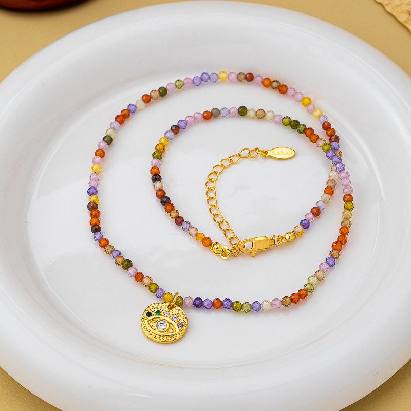 Gentle retro new dopamine tourmaline beaded necklace light luxury high-grade color eye pendant light luxury collarbone chain