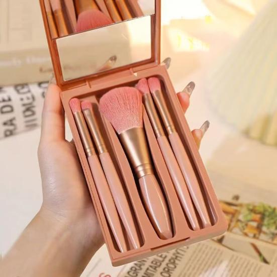 Yousheng 5Pcs/Set Women Makeup Brush Kit with Mirror Storage Box Professional Synthetic Eye Shadow Blush Foundations Concealer Blending Cosmetic Brush
