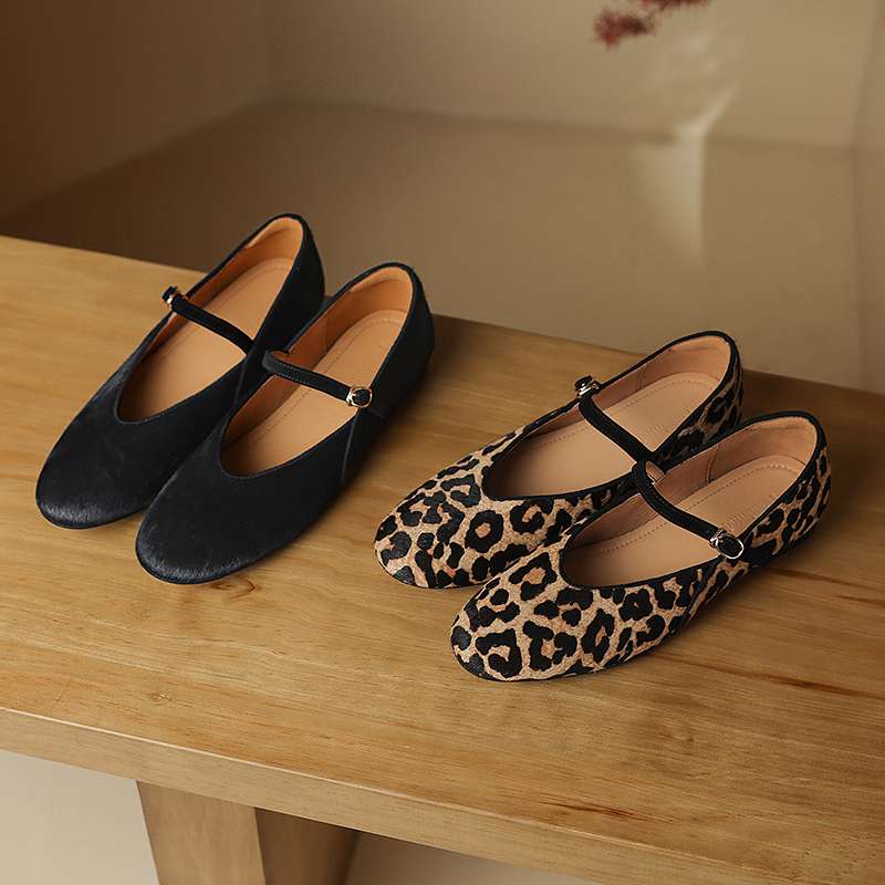 Krazing Pot Horsehair Fur Summer Spring Autumn Low Heels Flat with Leopard Patterns Ballet Shoes Shallow Pumps