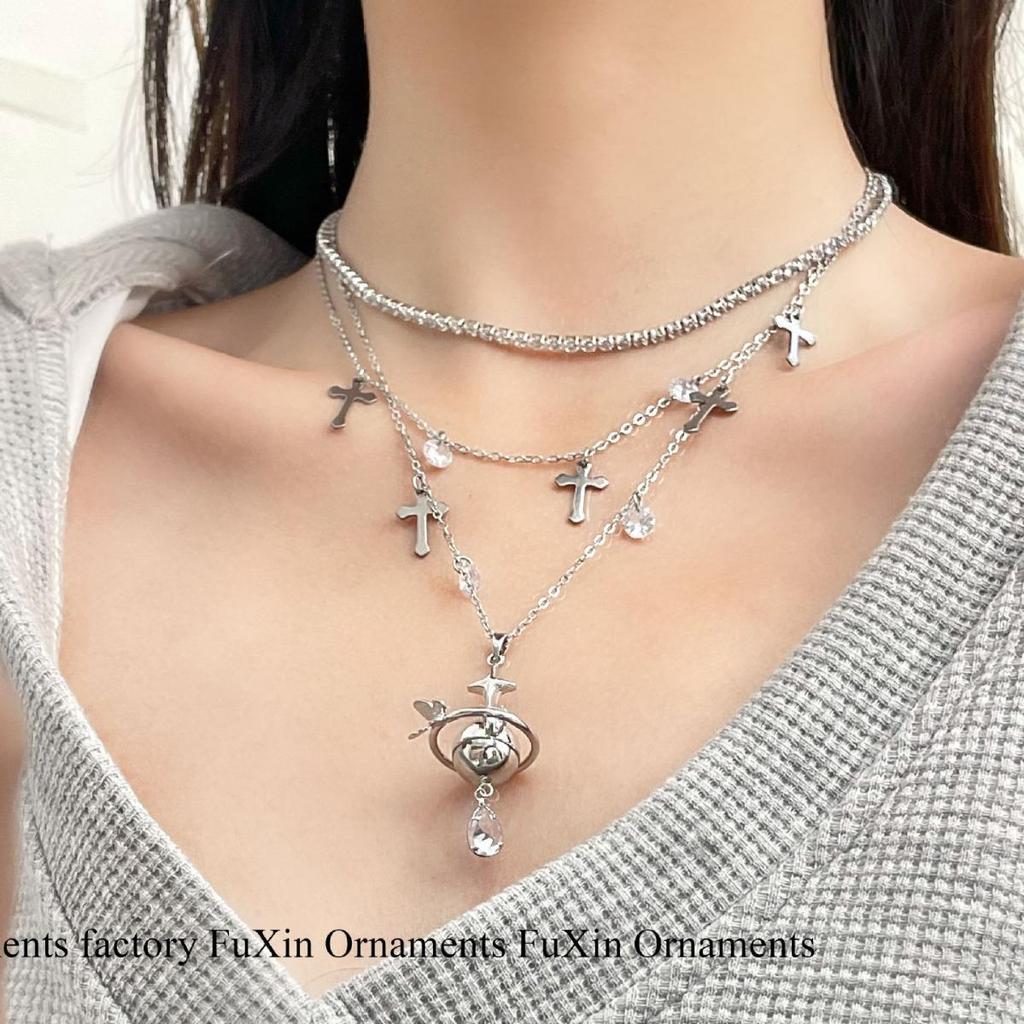 Оригинальное двухслойное ожерелье на ключицу с жемчугом Cross Planet для женщин — легкая роскошь, милый и стильный стиль