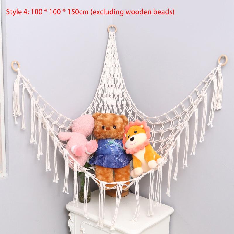 Triangular Toy Hammock Handwoven Cotton Rope Wall Storage for Stuffed Animals Plush Toys and Decor Macrame Toy Net With Fringe