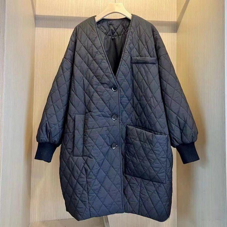 Зимнее длинное стеганое пальто свободного кроя для женщин, европейский плюс-сайз, ромбовидная стежка, нерегулярные карманы, корейский стиль