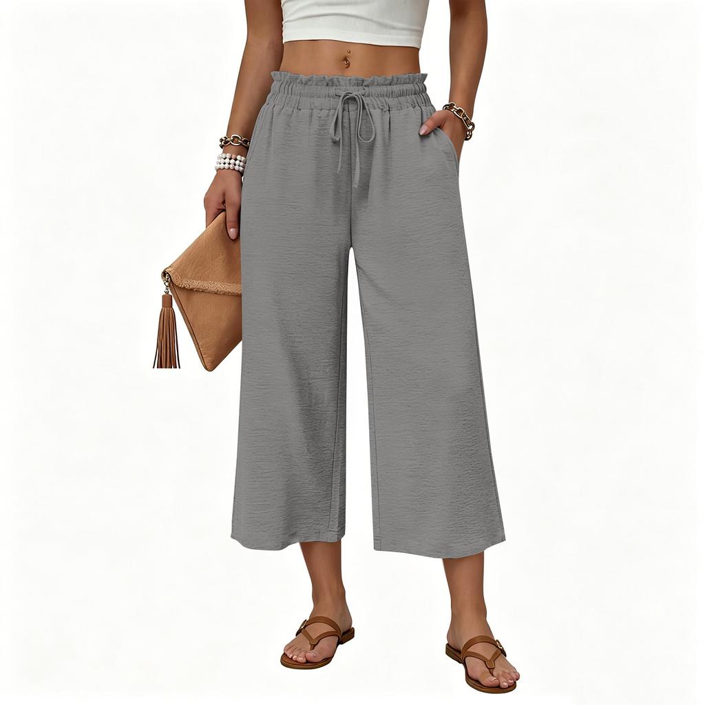 Women's Casual Loose-Fit High-Waisted Cotton-Linen Cropped Pants With Side Pockets