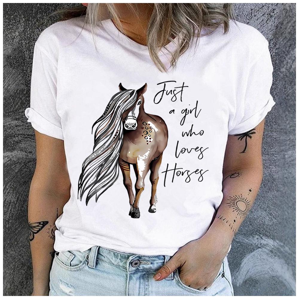 Unisex 100% Polyester Summer Top Just a girl who loves Horses Print Loose round Neck Short Sleeve Fashion for Lovers