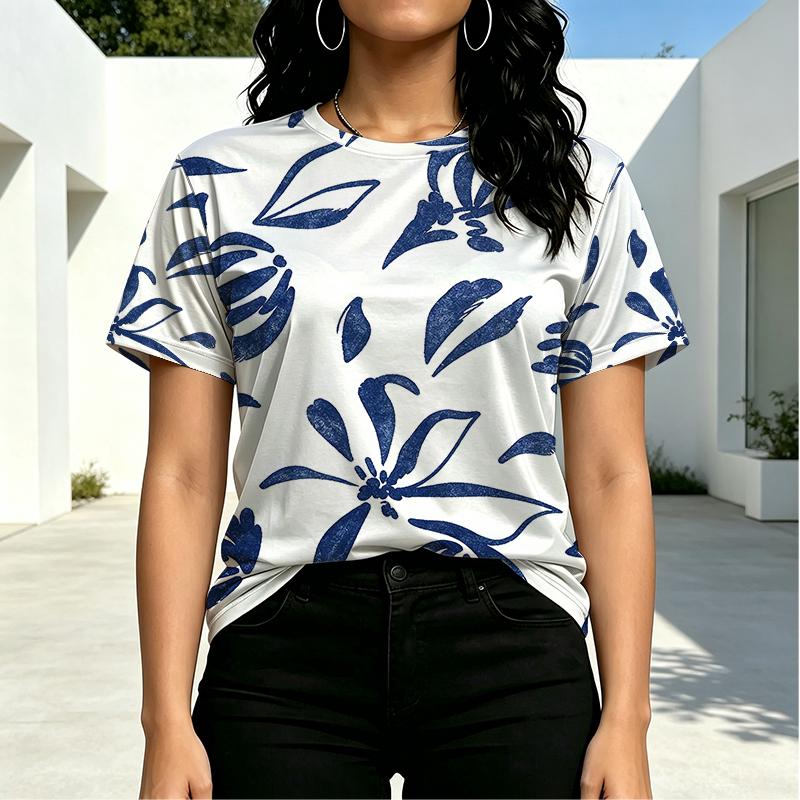 Women's Ins Style Short Sleeve T-Shirt, Minimal Floral Design, Soft Fabric, Loose Fit Casual Versatile Top for All Occasions