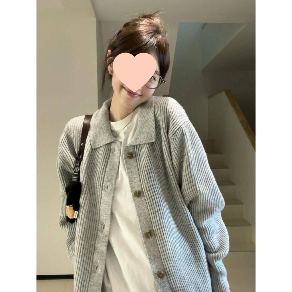 Gray Turn-Down Collar Knit Cardigan Sweater - American Retro Style for Spring/Summer