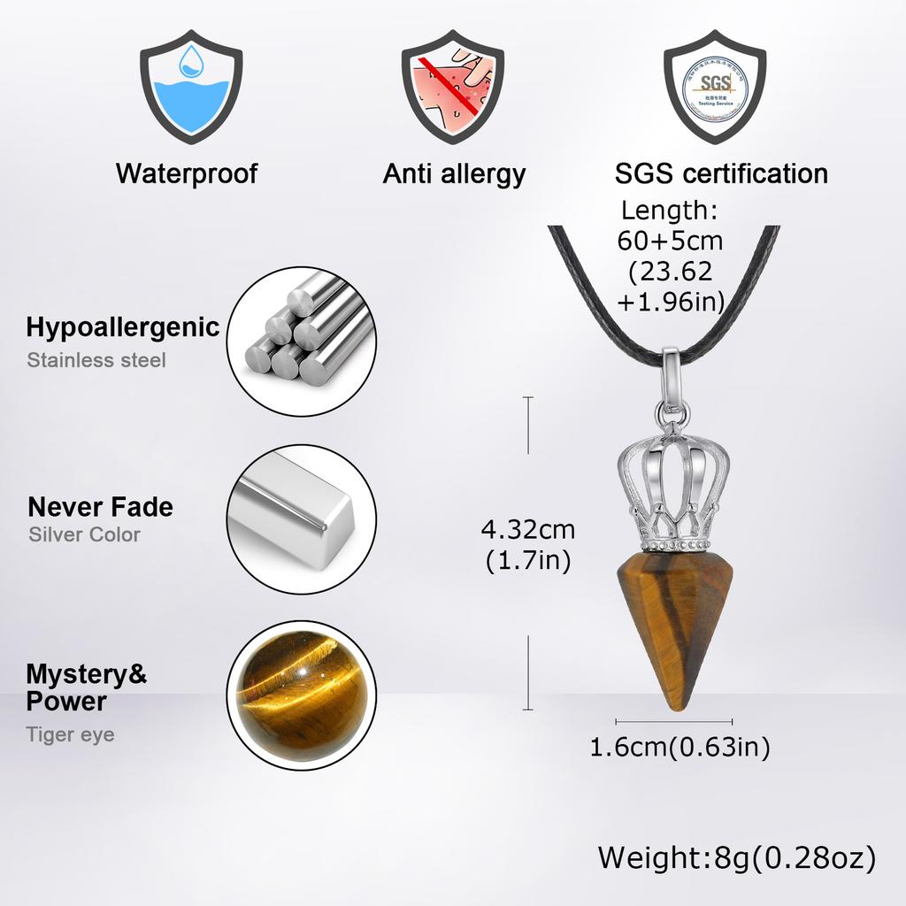 Fashion Cone Natural Stone Pendant Agate Tiger Eye Stone Stainless Steel Crown Adjustable Rope Necklace Stylish Jewelry for Men